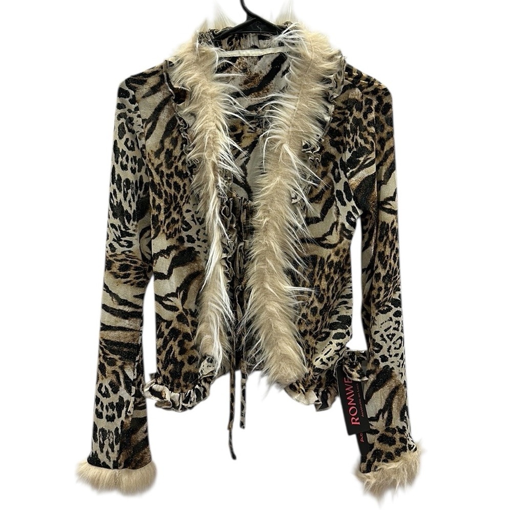 Leopard Print Faux Fur Long Sleeve Tie Front Ruffle Lightweight Cardigan Top M - Picture 11 of 15
